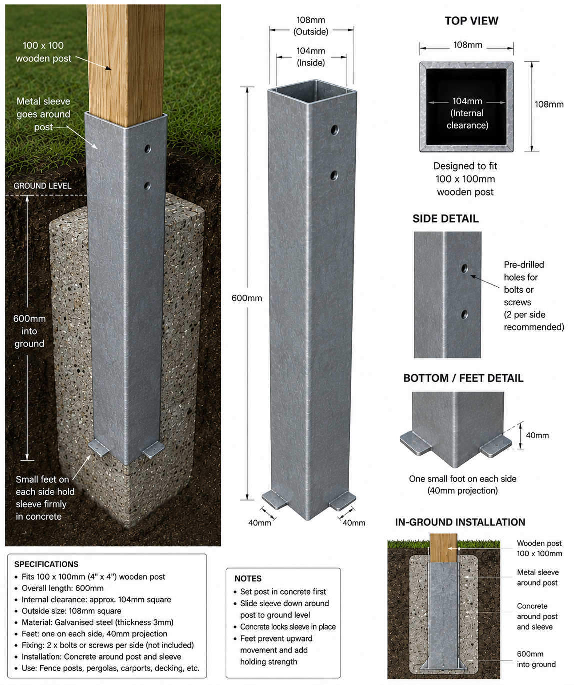 PostSwap™ Replaceable Timber Post Ground Sleeve – 600mm