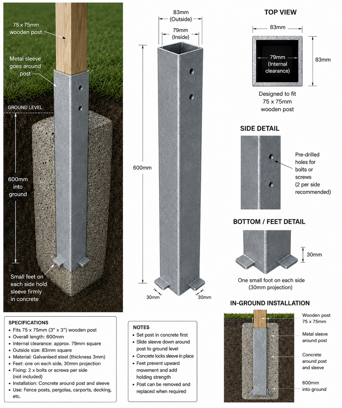 PostSwap™ Replaceable Timber Post Ground Sleeve – 600mm