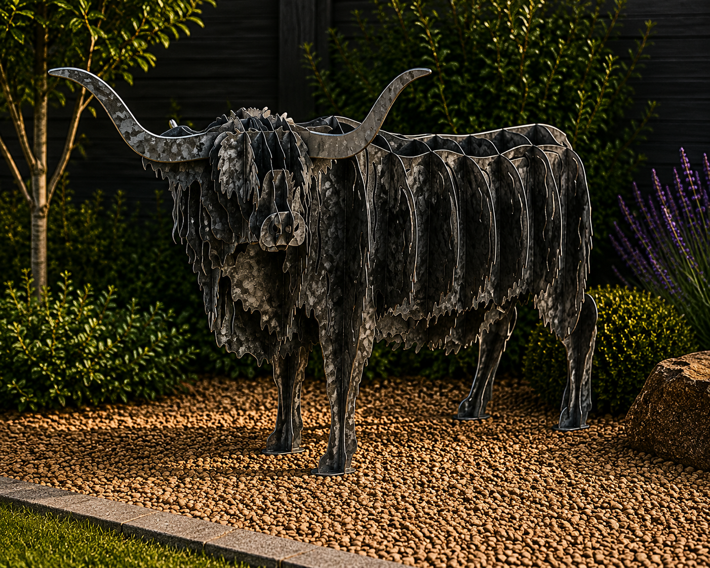 Highland Cow Metal Garden Sculpture – Rustic Outdoor Cattle Art 3d