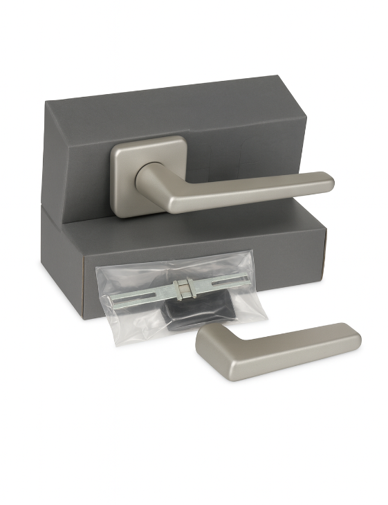 Easy Click Square Lever Door Handle Set Fire Rated FD30/60 Satin Nickel Tool Free Installation Pair with Spindle