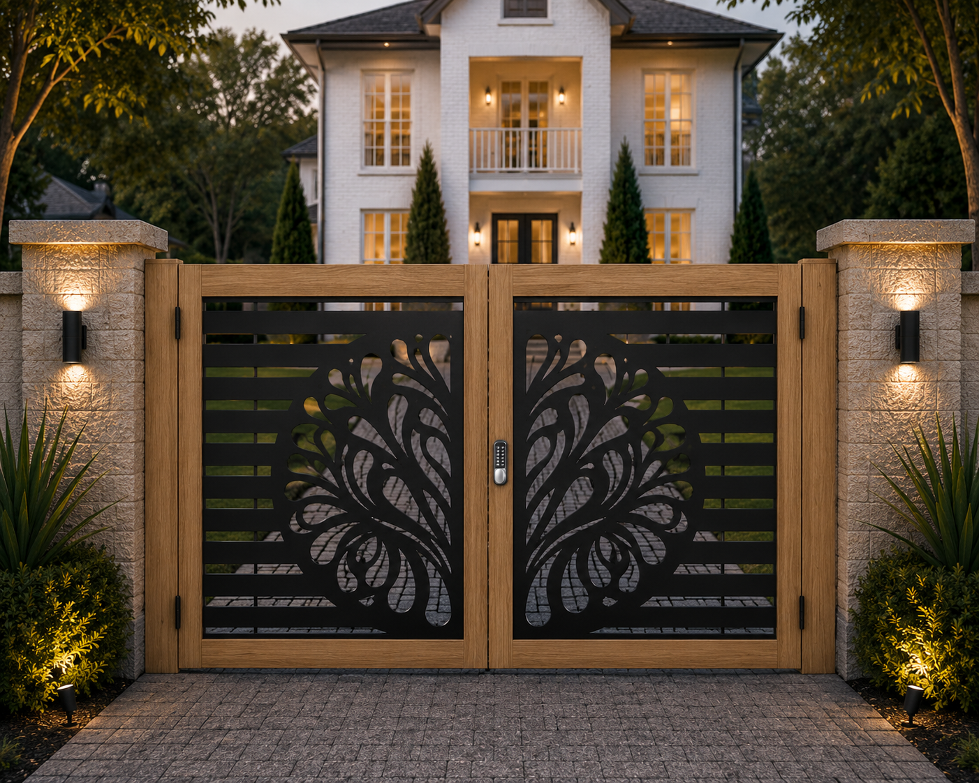 Floral Driveway Gates – Decorative Black Metal & Softwood Framed Double Gates