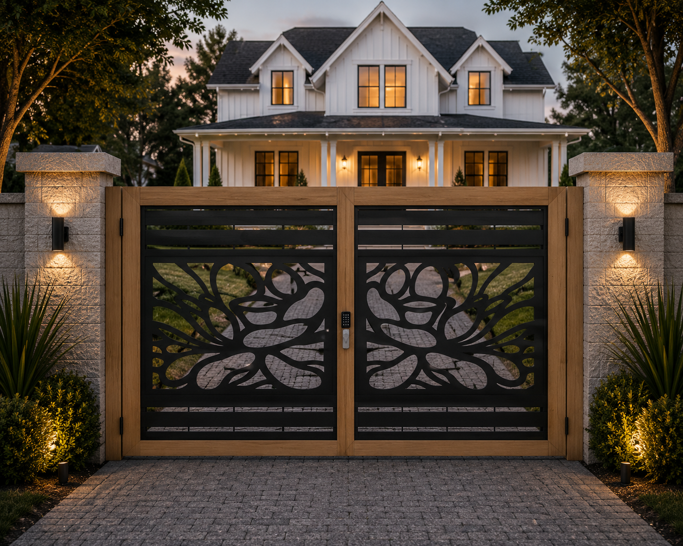 Floral Driveway Gates – Decorative Black Metal & Softwood Framed Double Gates