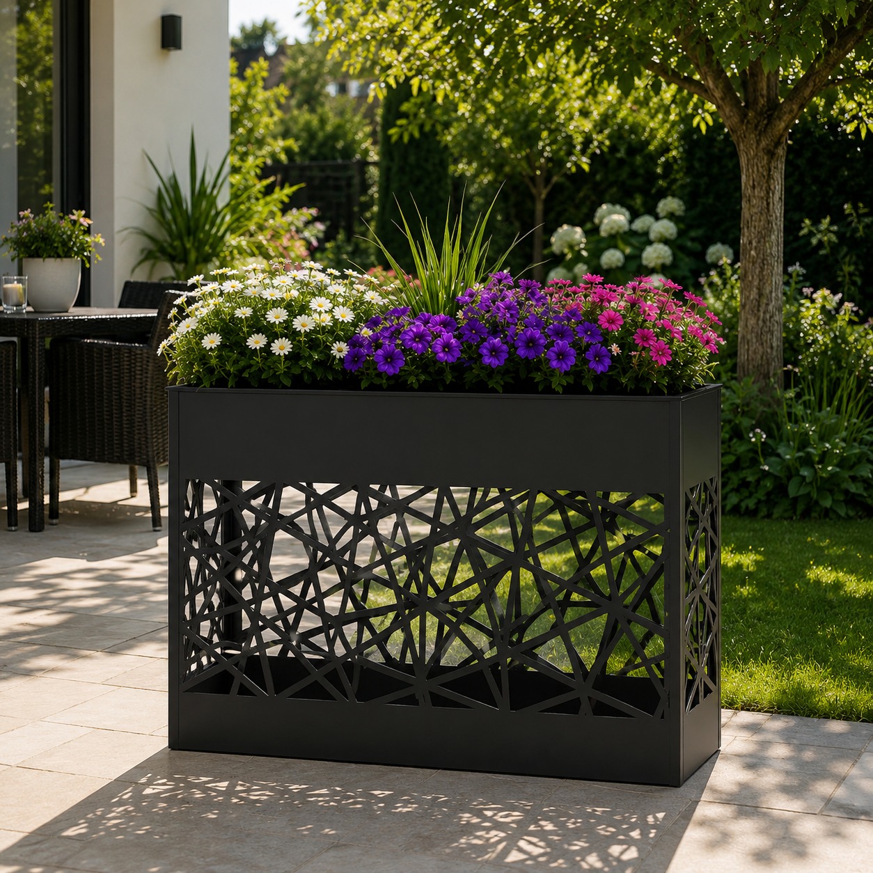 Decorative Black Metal Garden Planter | Tropical Leaf Cut-Out Outdoor Planter | Modern Steel Flower Box