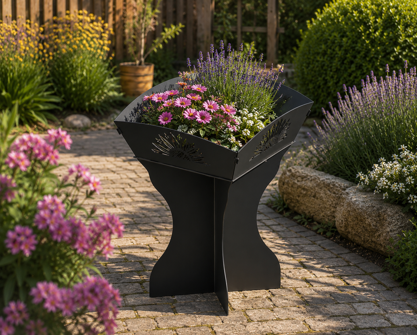 Decorative Metal Garden Planter | Raised Outdoor Flower Stand with Laser Cut Detail