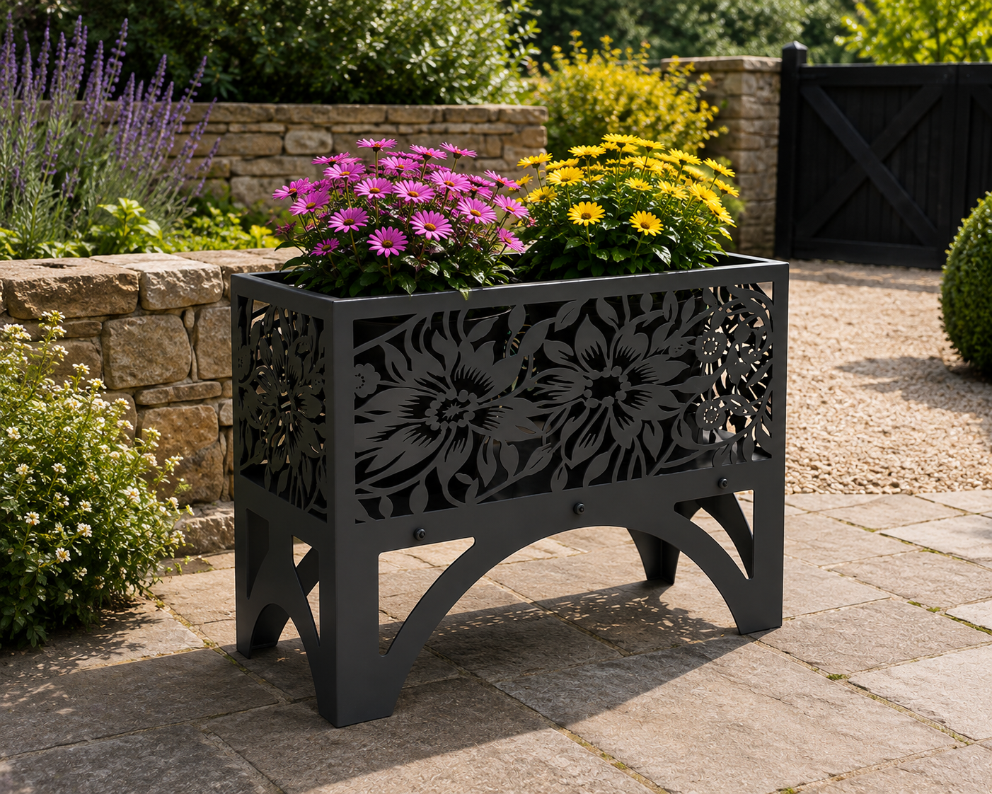 Decorative Raised Metal Garden Planter | Floral Laser Cut Outdoor Flower Box