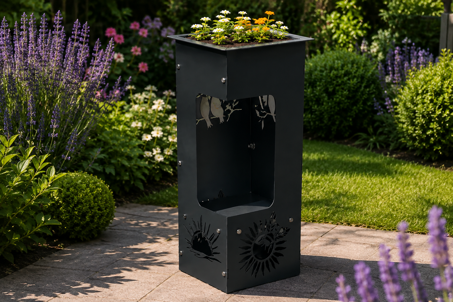 Bird & Sunrise Tall Metal Garden Planter – Decorative Black Outdoor Planter