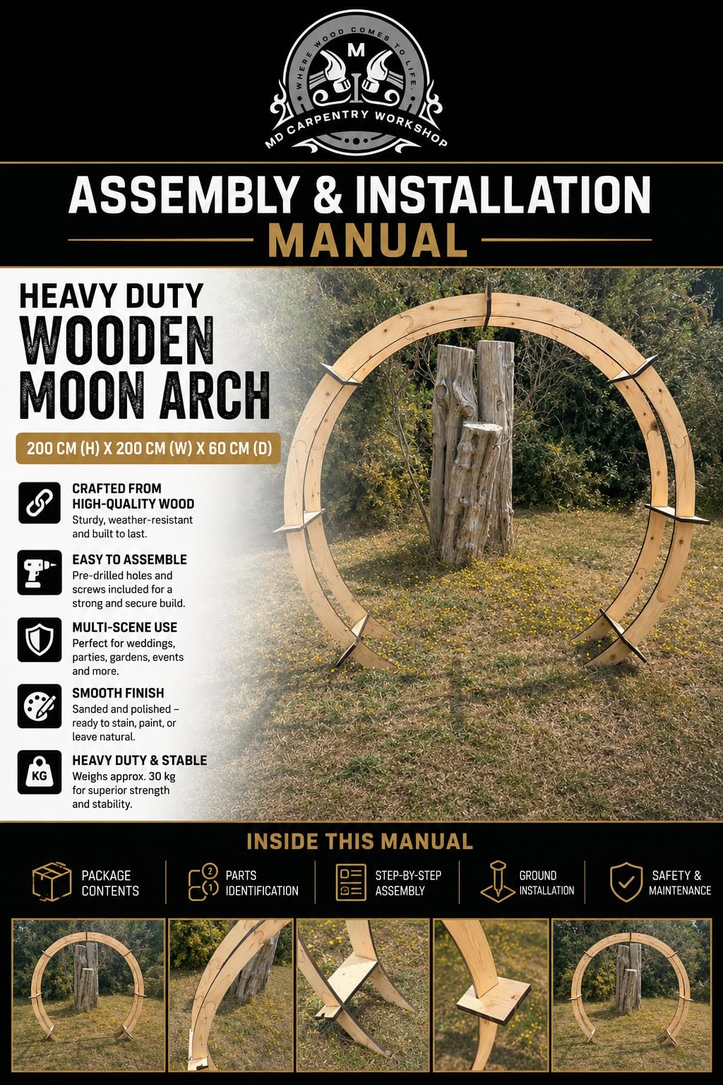 Heavy Duty Wooden Moon Arch | Outdoor Arch | Garden Arch | 200 CM High X 200 CM Wide x 60 CM Deep