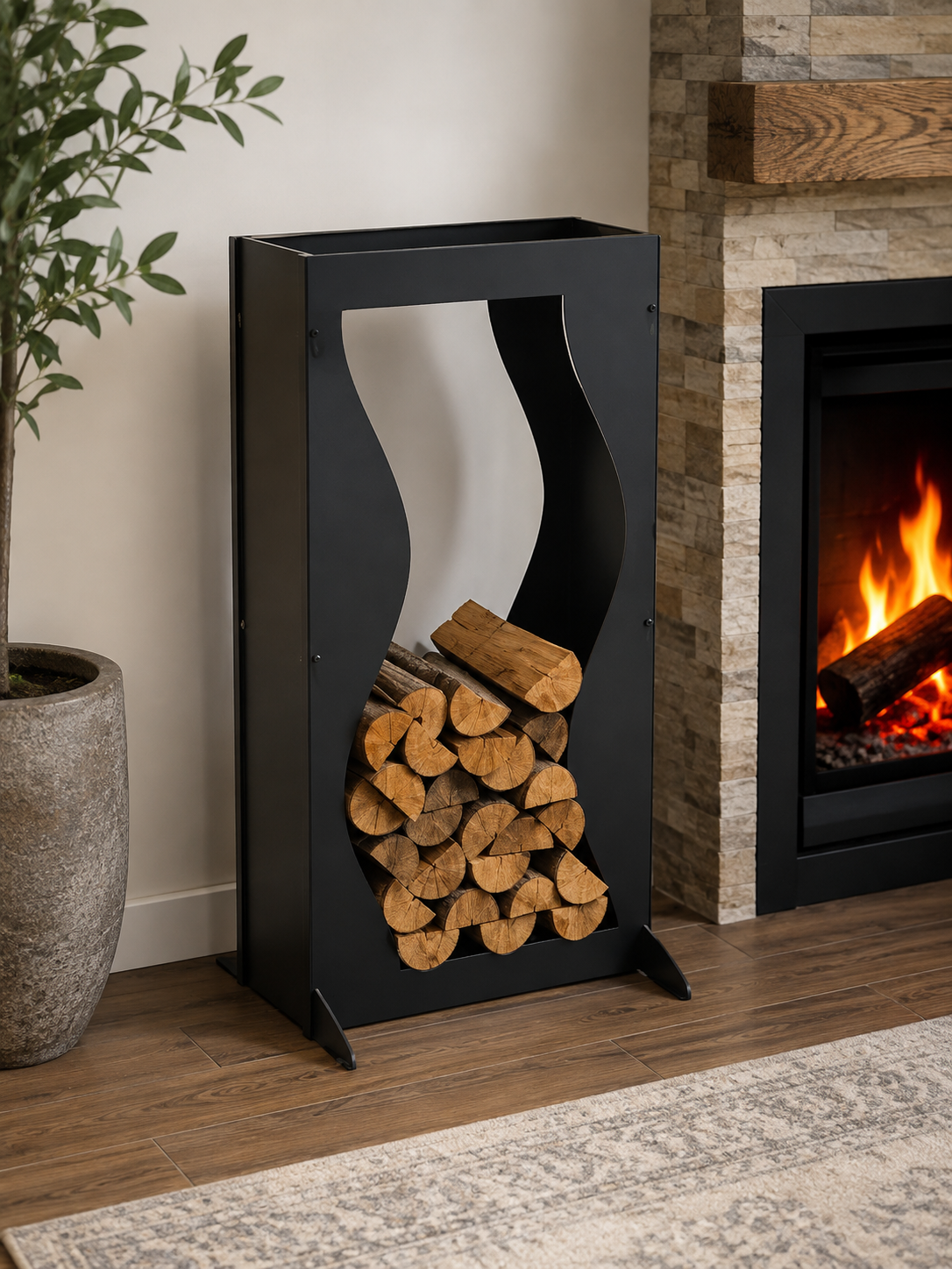 Modern Metal Firewood Storage Rack | Outdoor Log Holder | Decorative Steel Wood Store