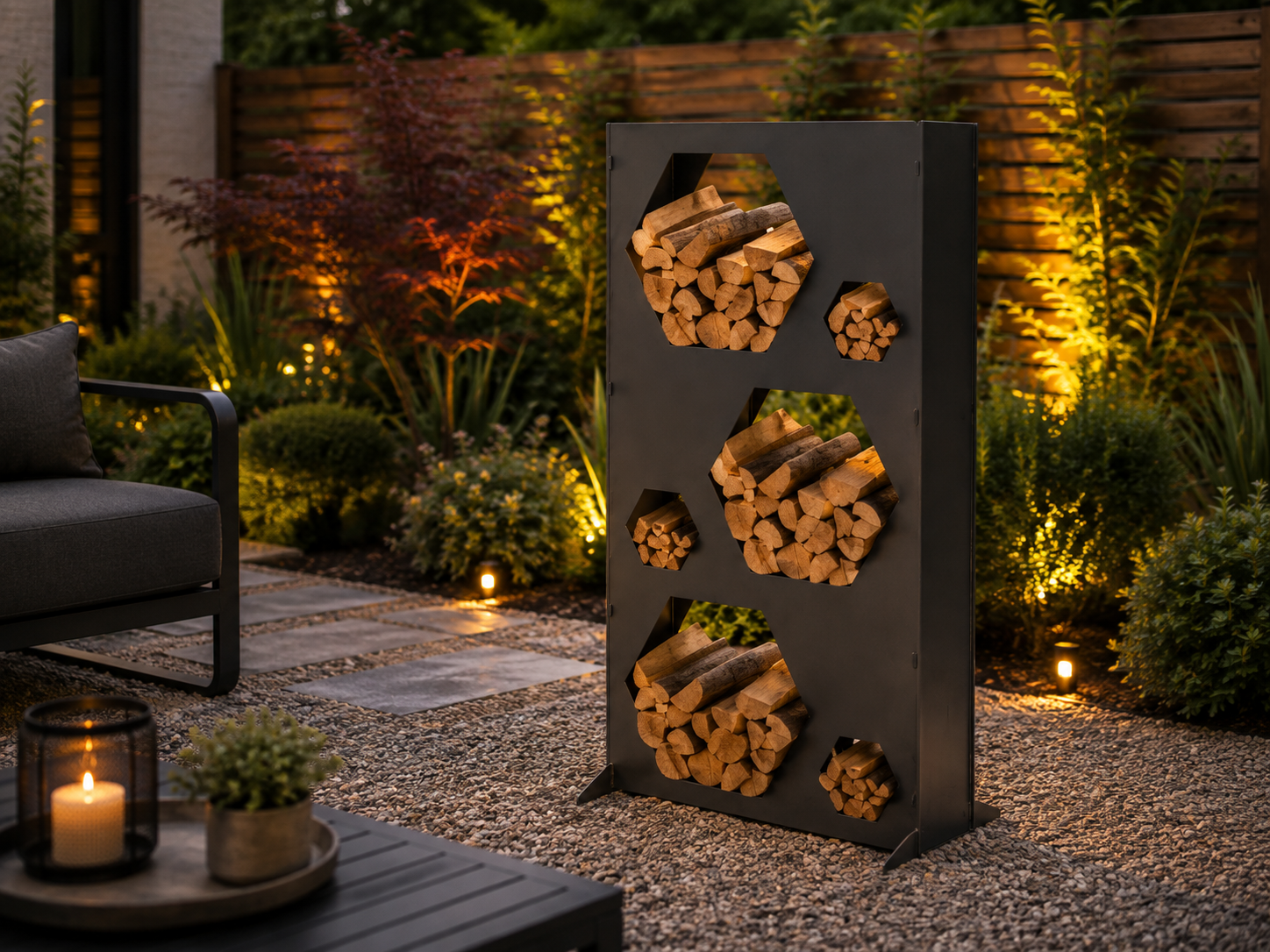 Modern Metal Firewood Storage Rack | Outdoor Log Holder | Decorative Steel Wood Store
