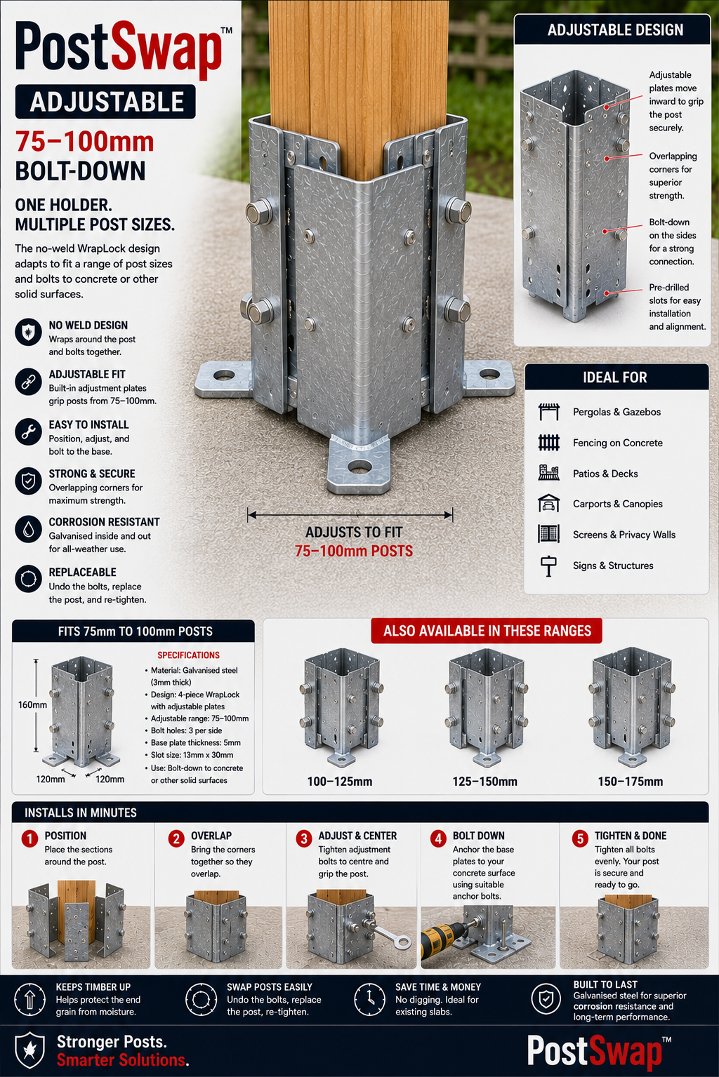 PostSwap™ Adjustable Bolt-Down Post Support | 75–200mm Galvanised Steel Timber Post Base