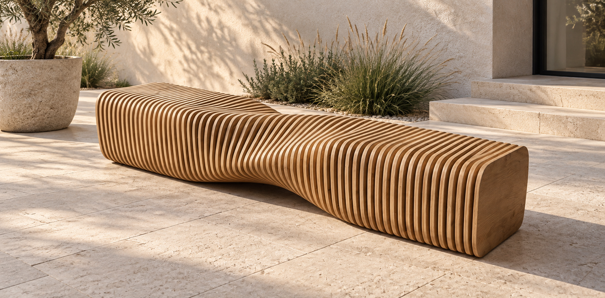 The Flow Bench — Sculptural Slatted Plywood Seating