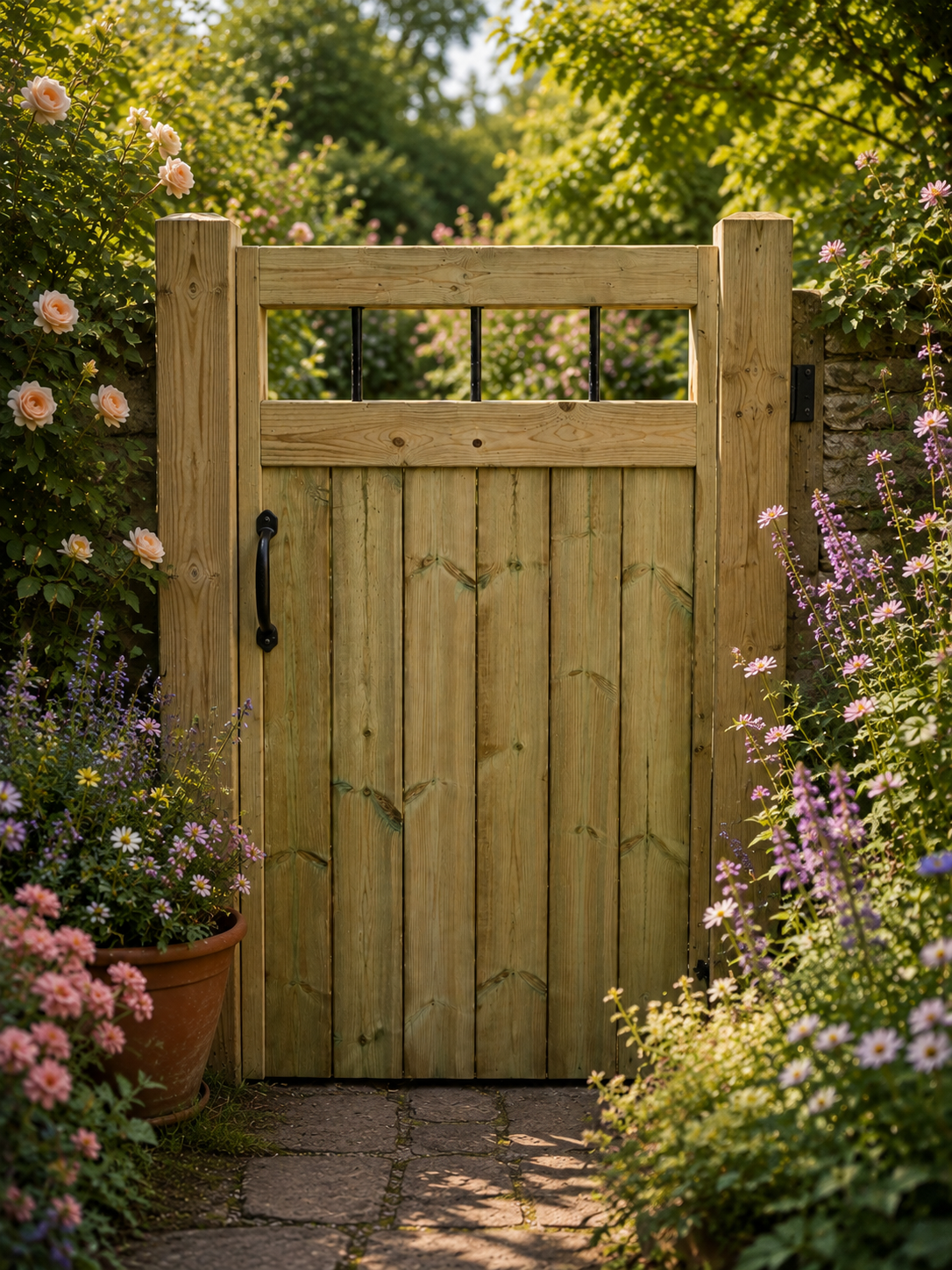 3ft Flat Top TVG Wooden Garden Gate - PVC Bars