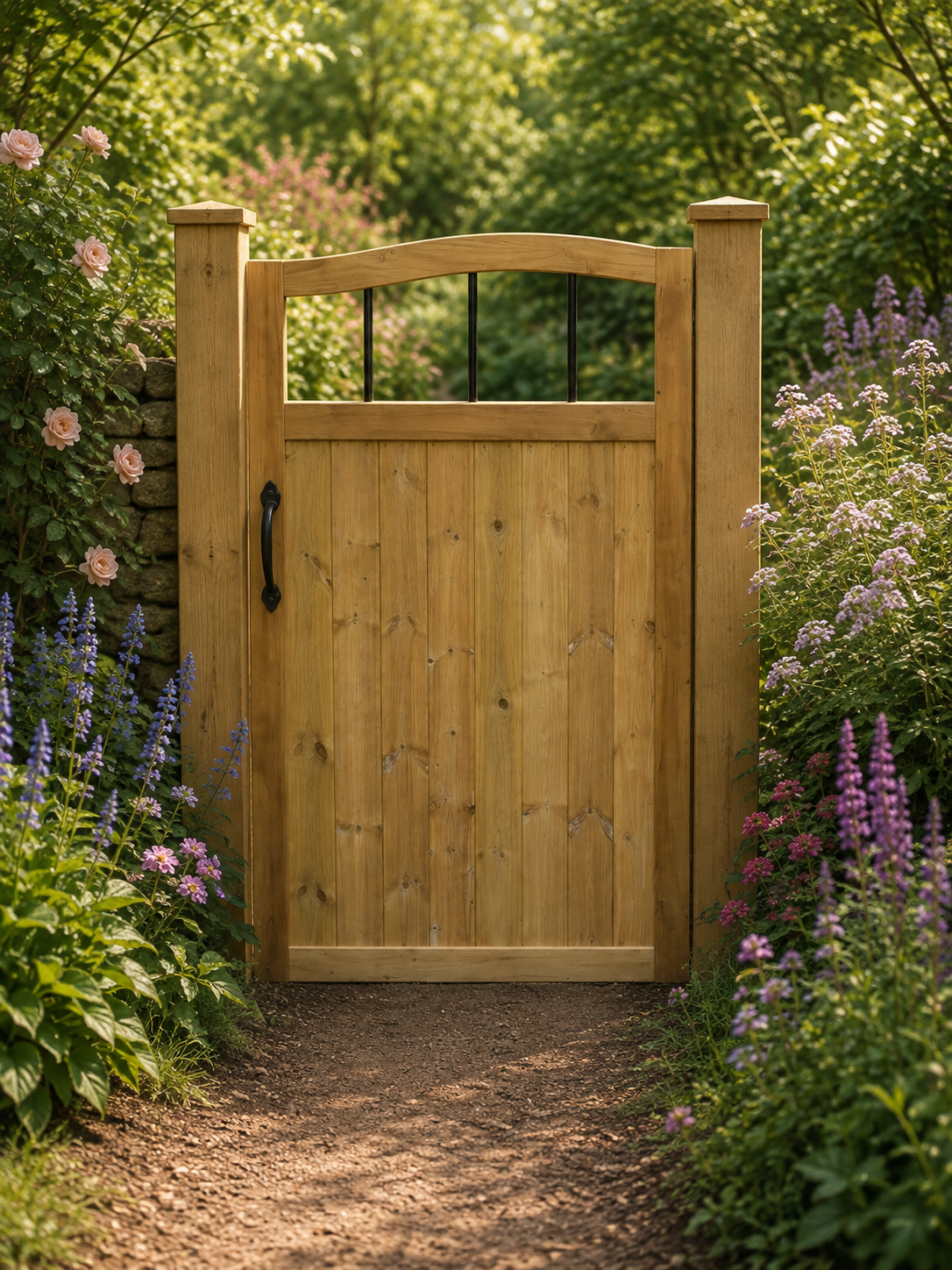 5ft Swan Neck TVG Wooden Garden Gate - PVC Bars