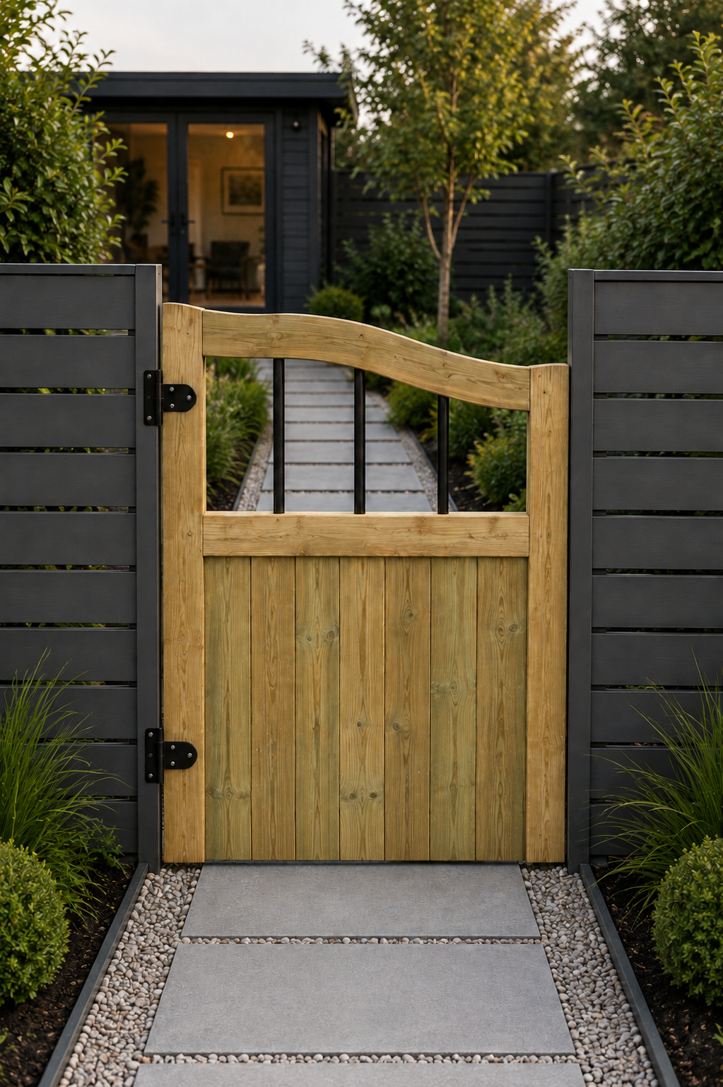 4ft Swan Neck TVG Wooden Garden Gate - 30cm Opening + PVC Bars