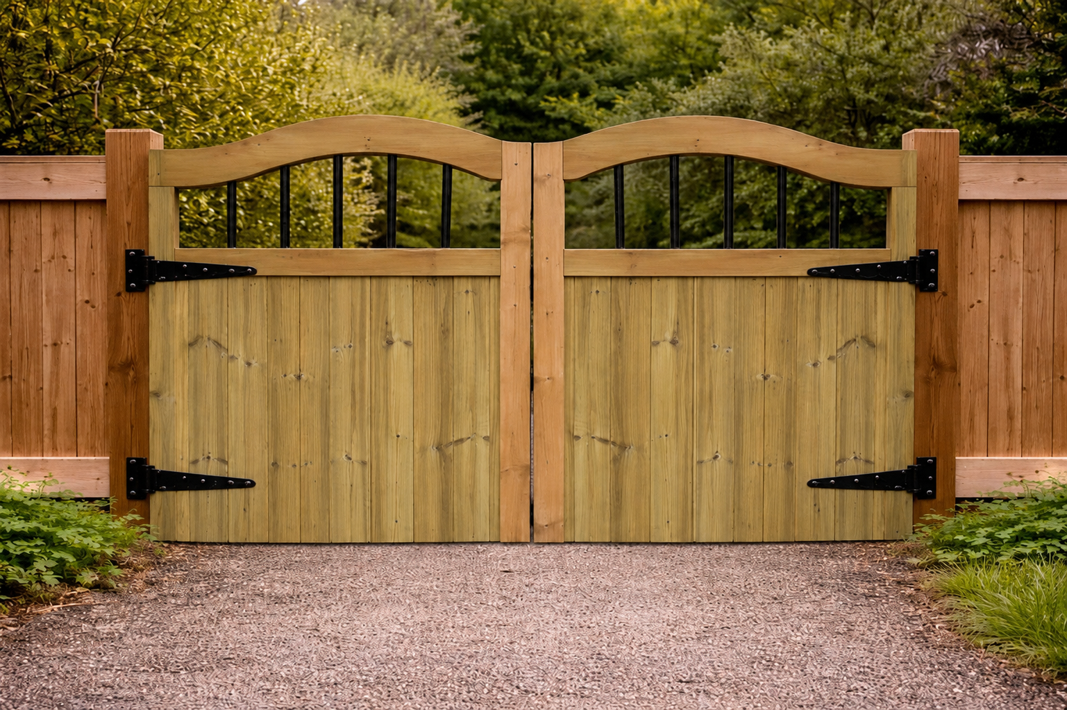 3ft Swan Neck TVG Wooden Double Driveway Gates - PVC Bars