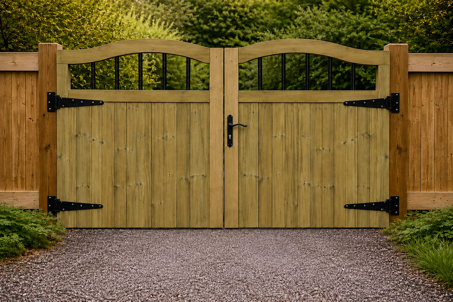 6ft Swan Neck TVG Wooden Double Driveway Gates - PVC Bars