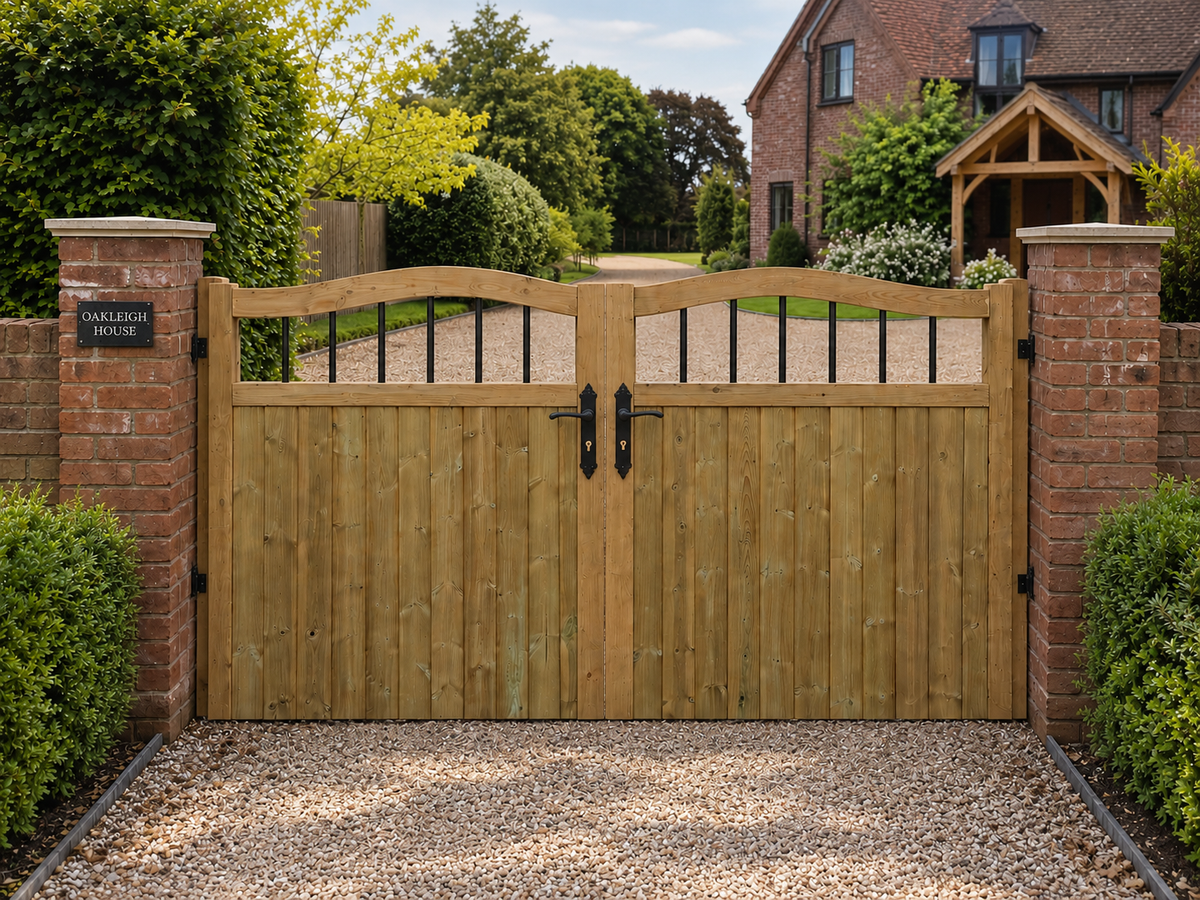 5ft Swan Neck TVG Wooden Double Driveway Gates - PVC Bars