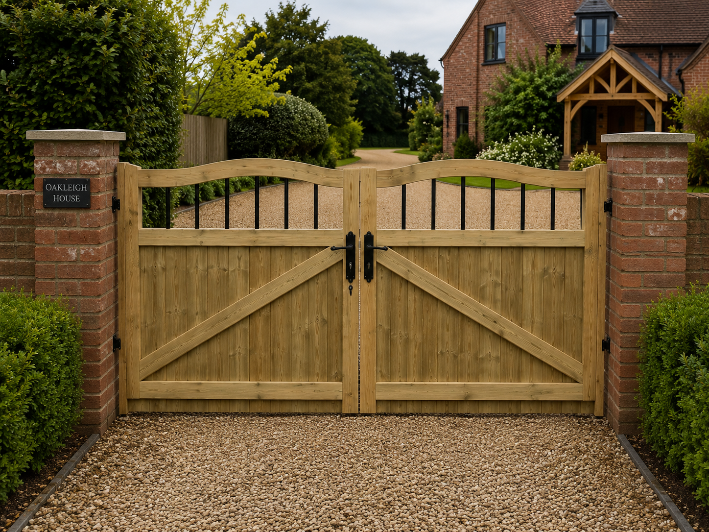 5ft Swan Neck TVG Wooden Double Driveway Gates - PVC Bars