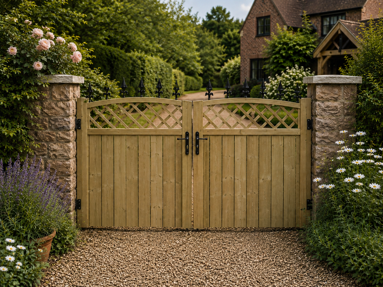 5ft Swan Neck Trellis Wooden Double Driveway Gates - Iron Spikes