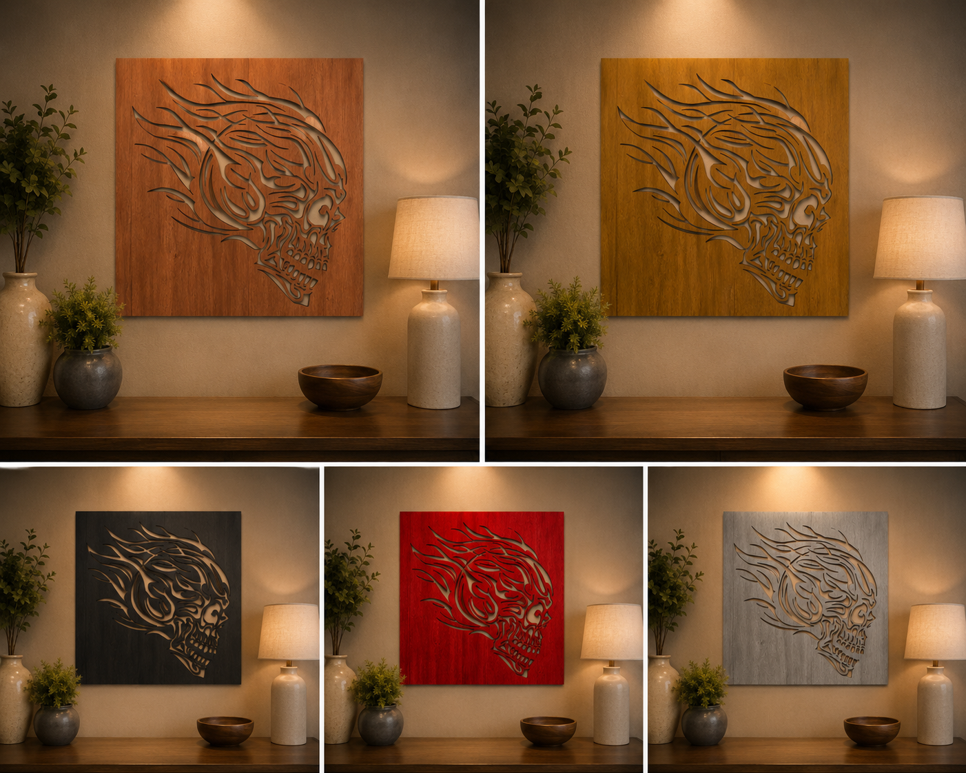 Flaming Skull Metal Wall Art – Tribal Skull Laser Cut Steel Wall Décor | Gothic Biker Art