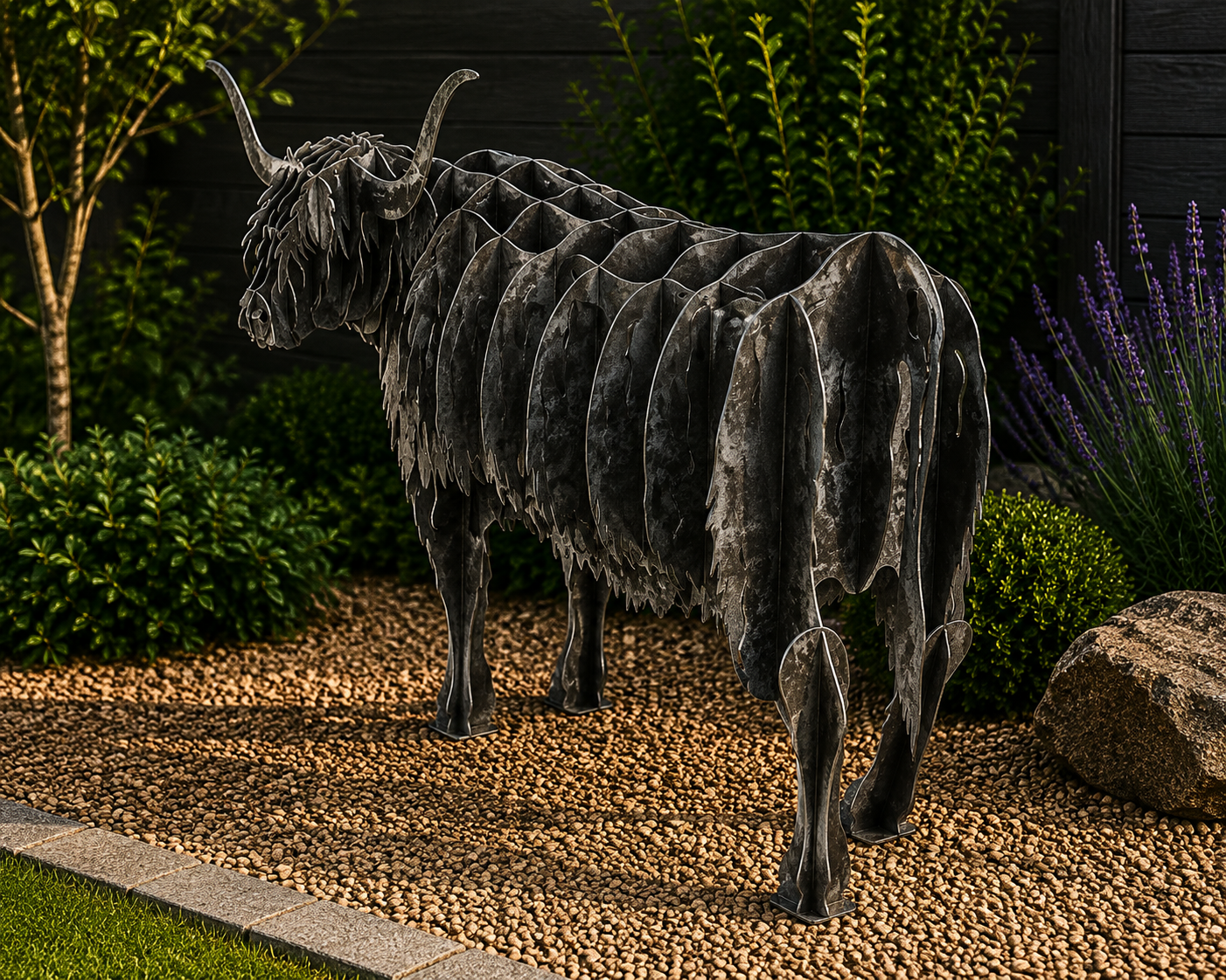 Highland Cow Metal Garden Sculpture – Rustic Outdoor Cattle Art 3d