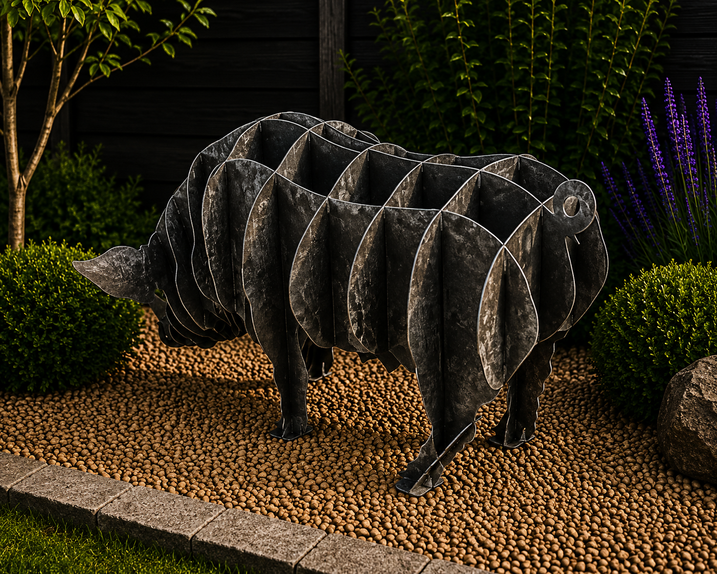 Metal Pig Garden Sculpture – 3D Steel Outdoor Farm Animal Art