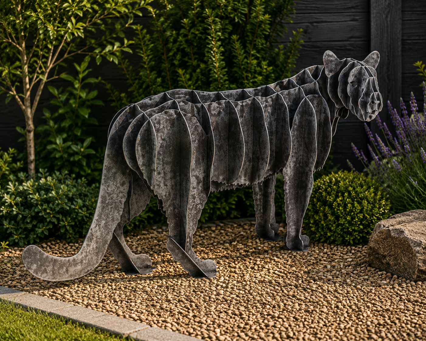 Metal Panther Garden Sculpture – 3D Layered Steel Big Cat Outdoor Yard Art