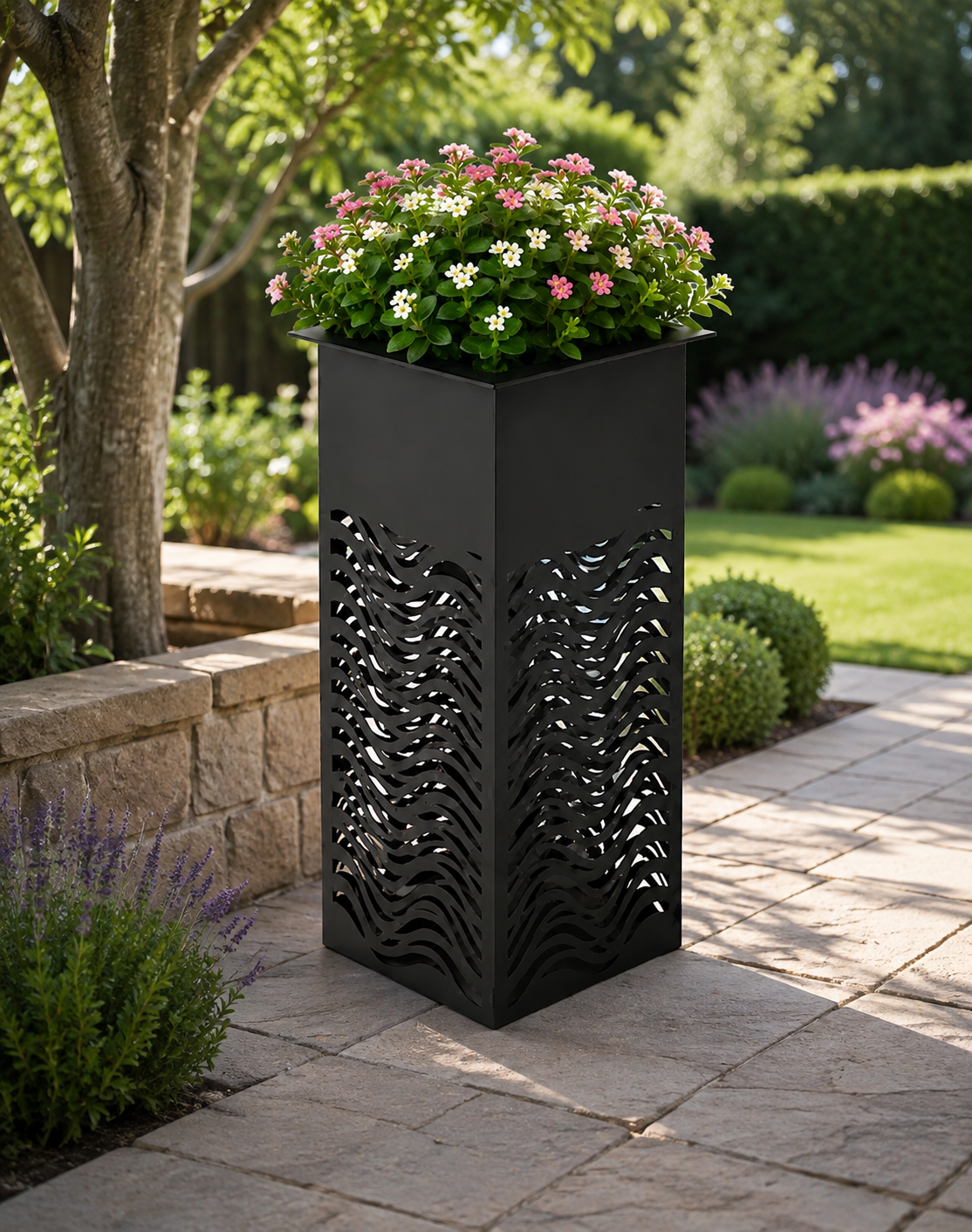 Decorative Metal Garden Planter – Wave Cut-Out Tall Outdoor Flower Planter