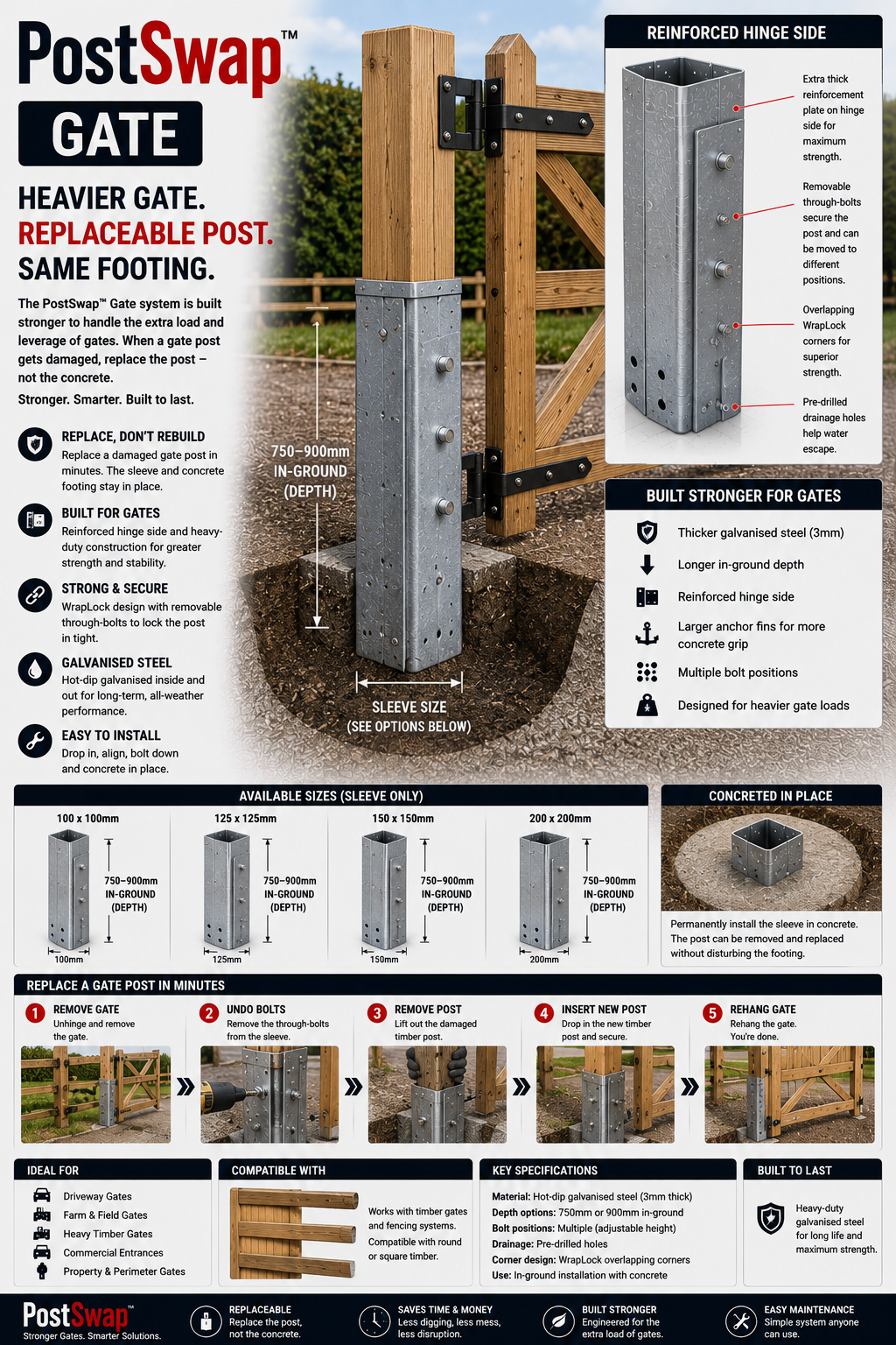 PostSwap™ Heavy-Duty Gate Post Sleeve – Replaceable Galvanised Steel In-Ground Gate Post Support