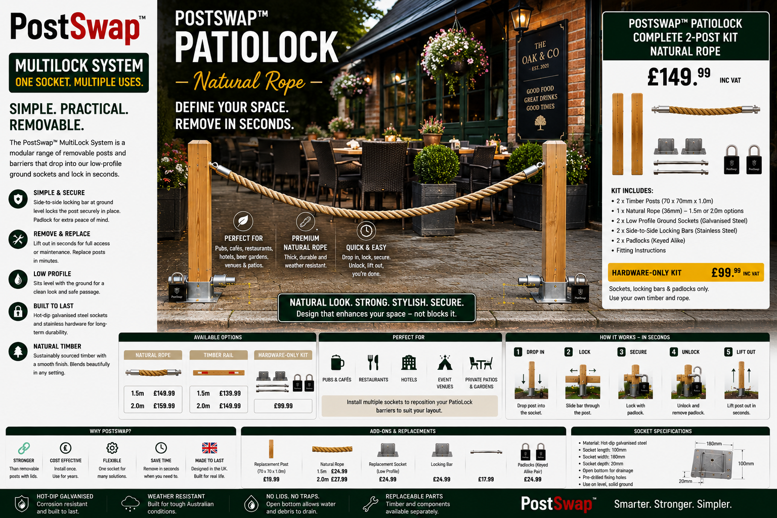 PostSwap™ PatioLock – Removable Natural Rope Barrier | Lockable 2-Post Patio & Entrance System
