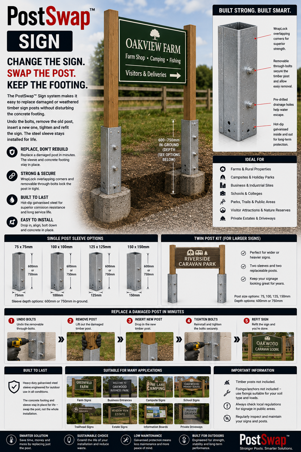PostSwap™ Sign Post Sleeve – Replaceable Galvanised Steel Timber Post System