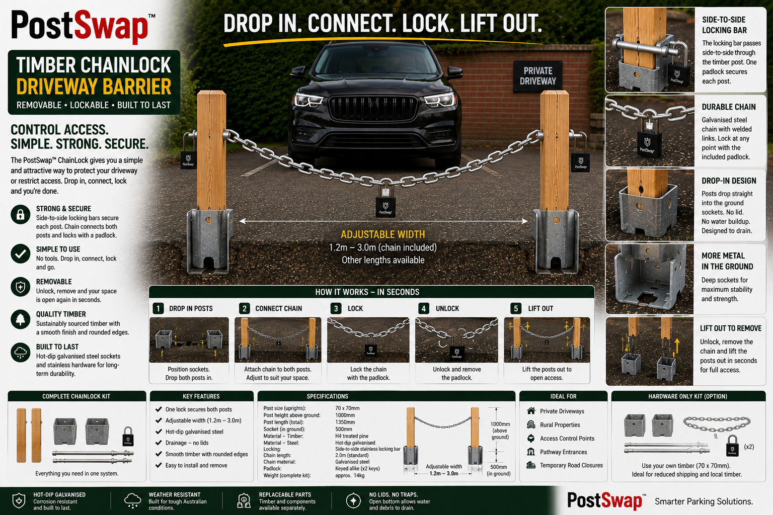 PostSwap™ Timber ChainLock – Removable Lockable Driveway & Parking Barrier