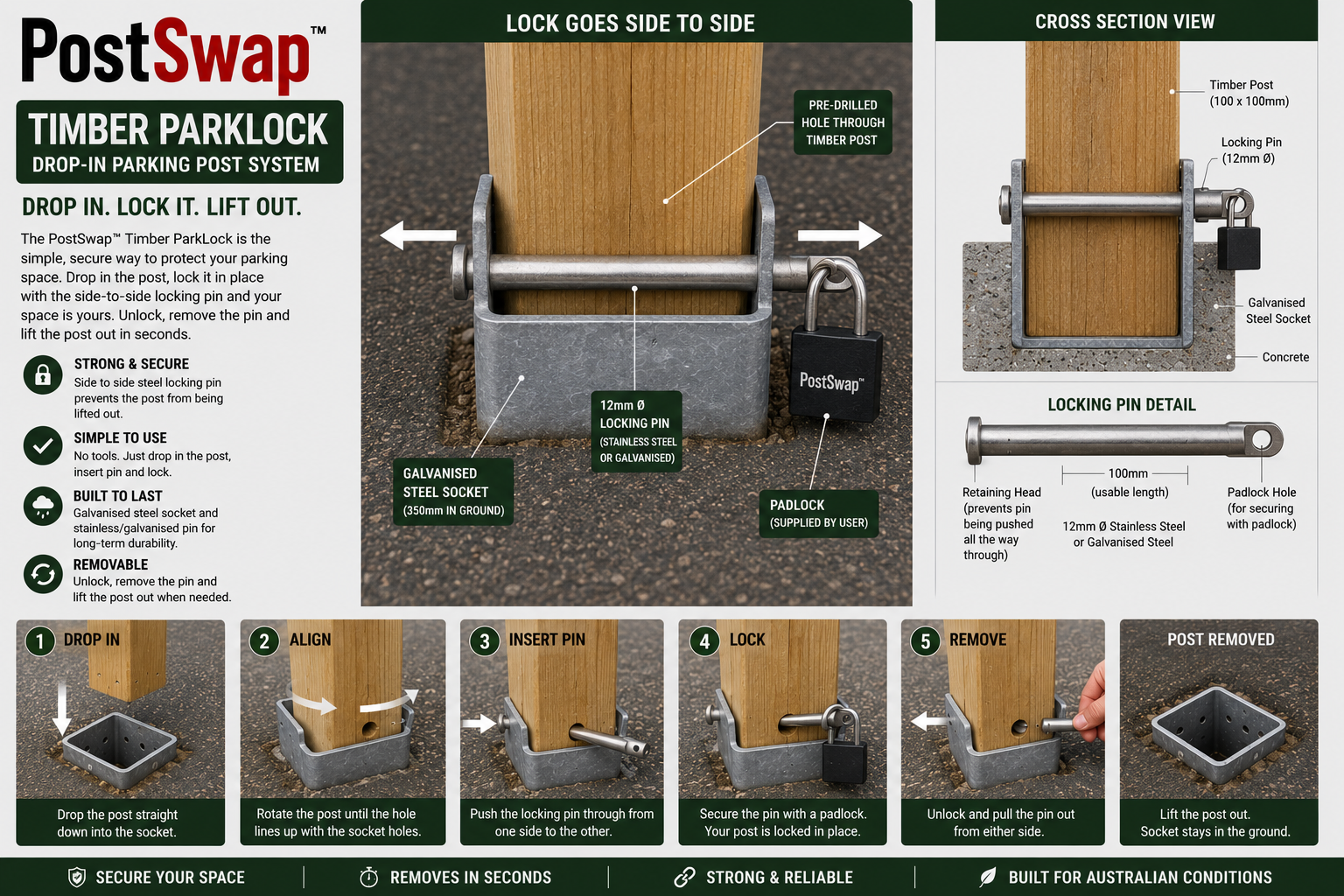 PostSwap™ Timber ParkLock – Lockable Removable Timber Parking Post & In-Ground Socket