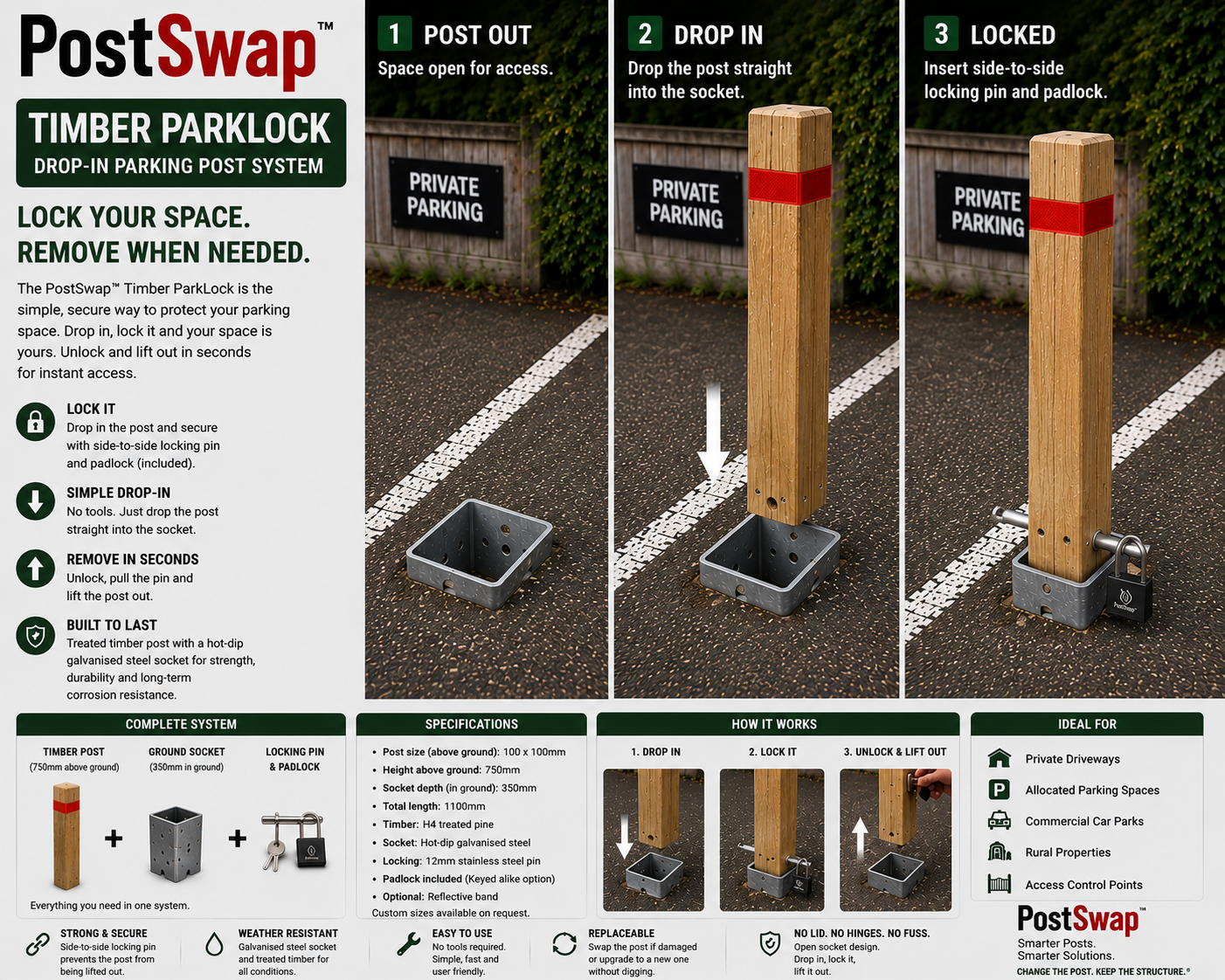 PostSwap™ Timber ParkLock – Lockable Removable Timber Parking Post & In-Ground Socket