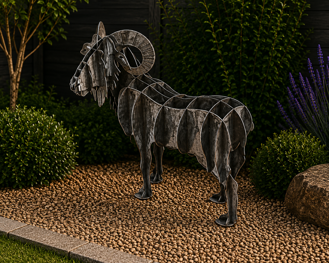 Metal Ram Garden Sculpture – 3D Layered Steel Outdoor Art