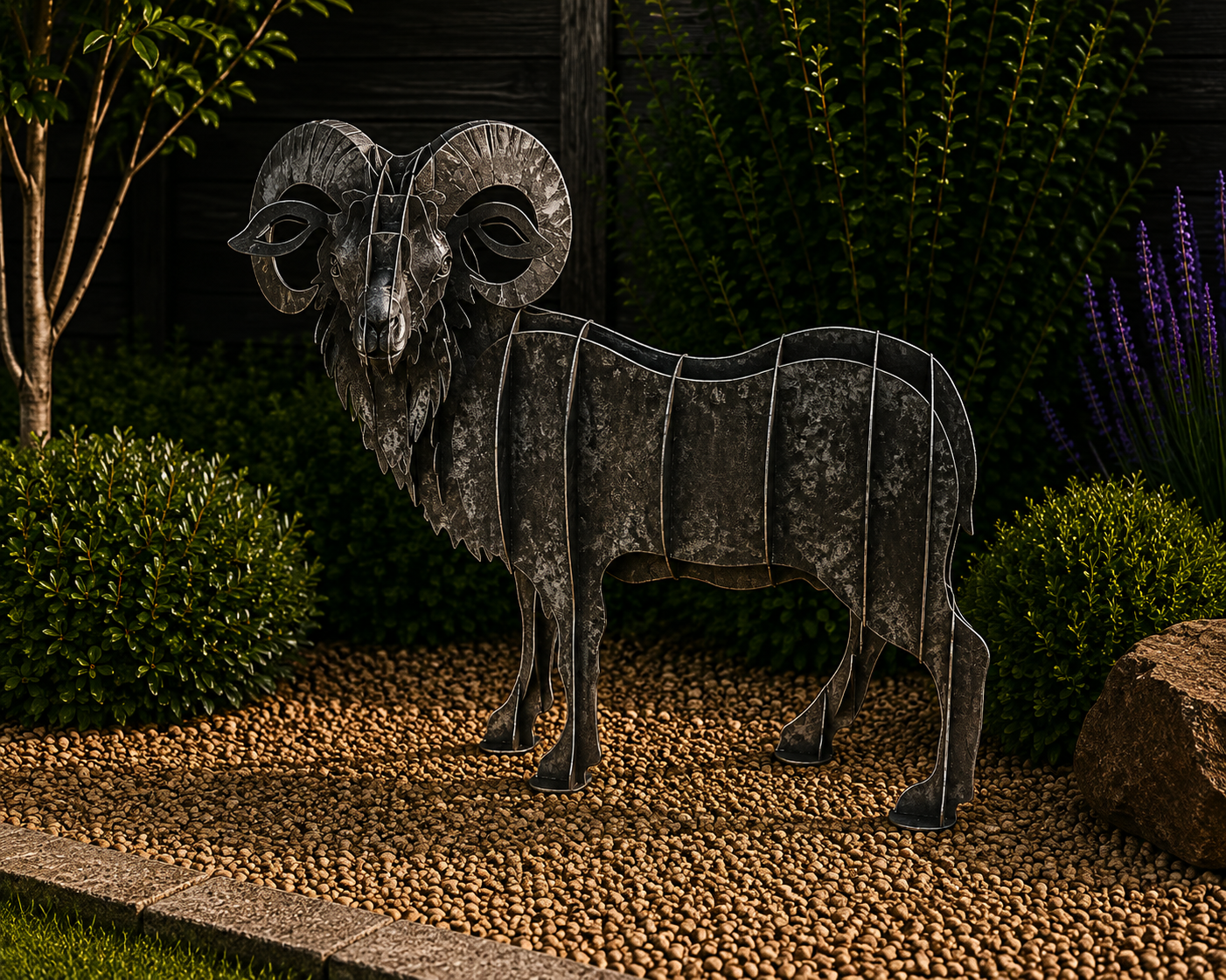 Metal Ram Garden Sculpture – 3D Layered Steel Outdoor Art
