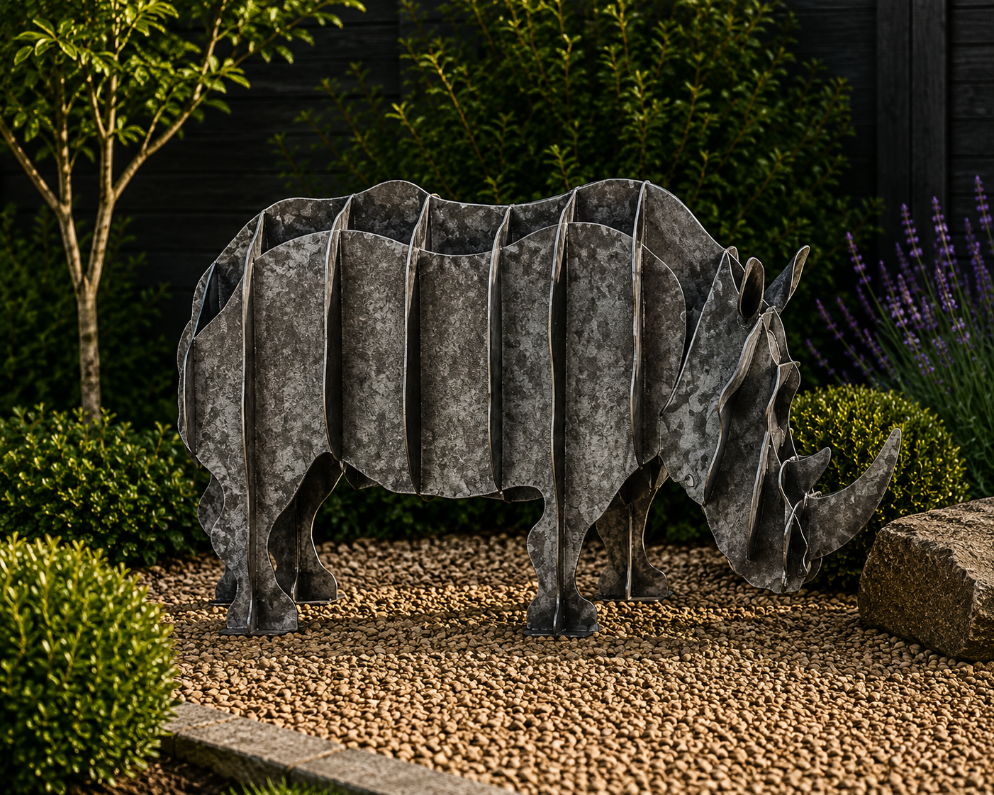 3D Metal Rhino Garden Sculpture – Layered Steel Rhinoceros Outdoor garden art