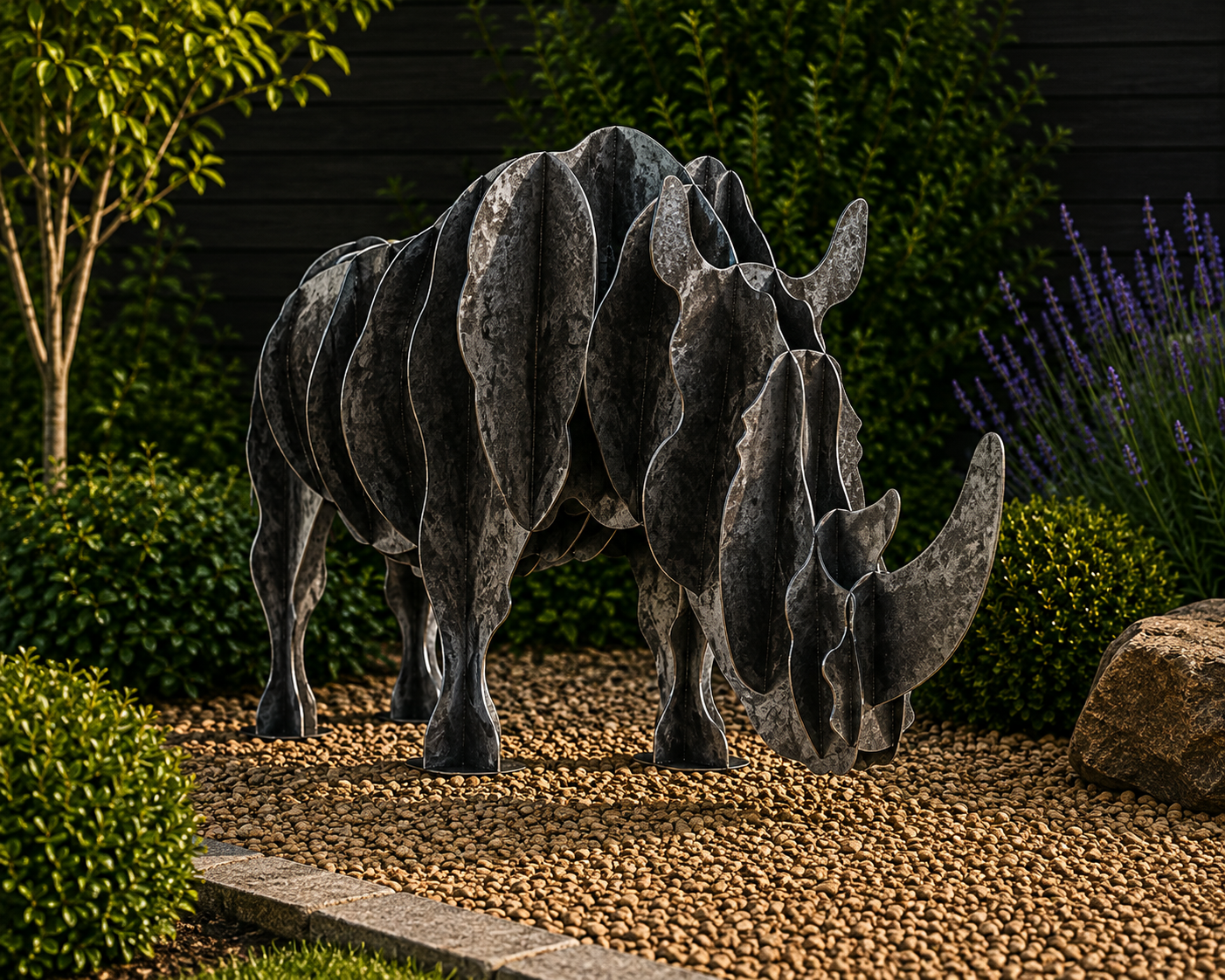 3D Metal Rhino Garden Sculpture – Layered Steel Rhinoceros Outdoor garden art