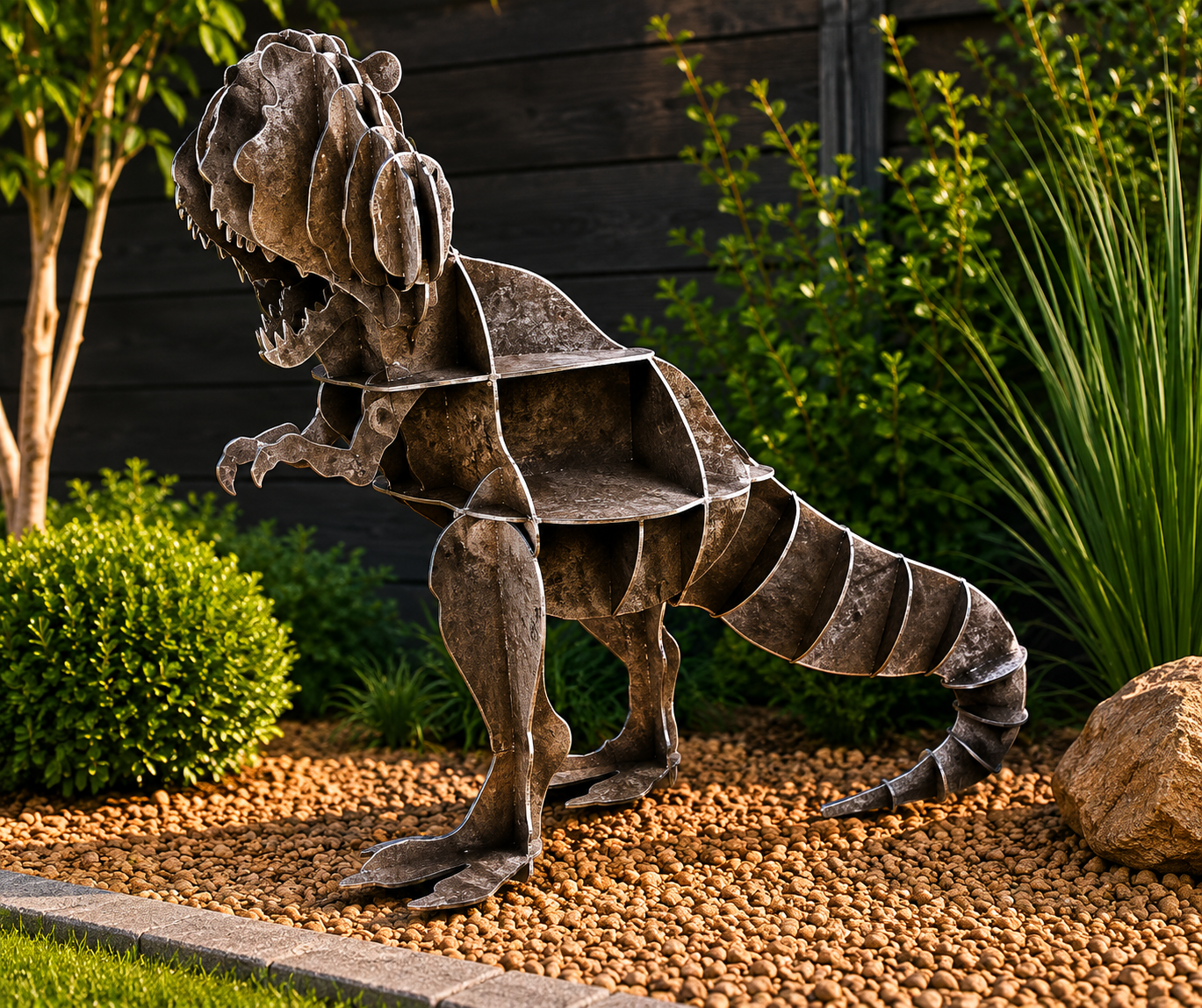 Metal T-Rex Garden Sculpture – 3D Dinosaur Outdoor Yard Art – Interlocking Steel Dinosaur Statue