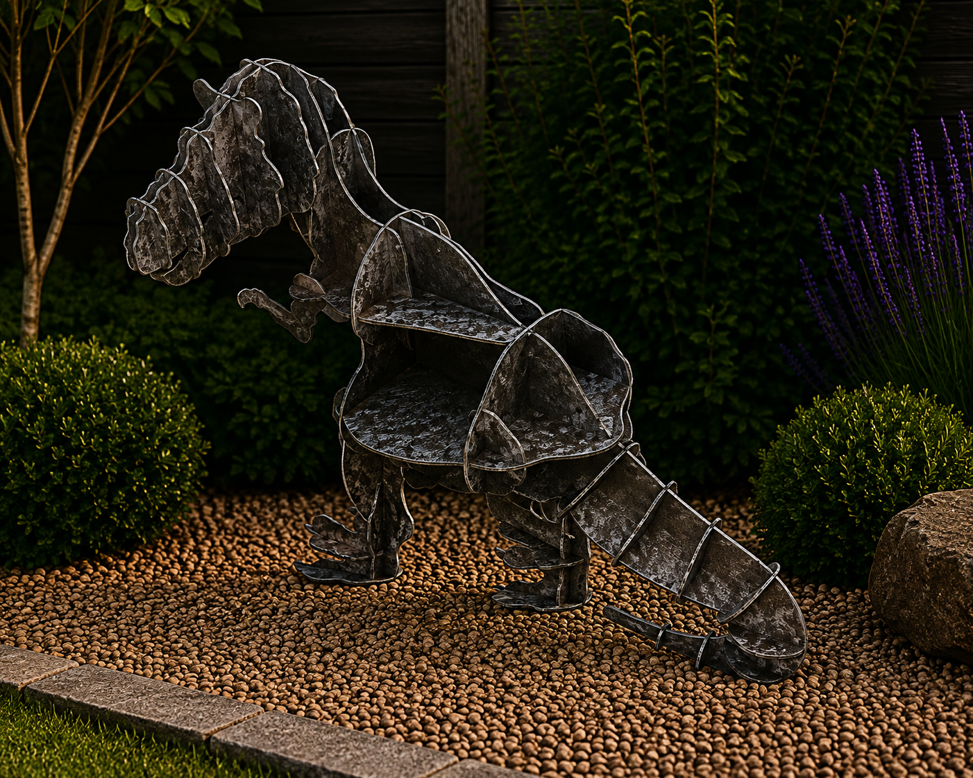 Metal T-Rex Garden Sculpture – 3D Dinosaur Outdoor Yard Art – Interlocking Steel Dinosaur Statue
