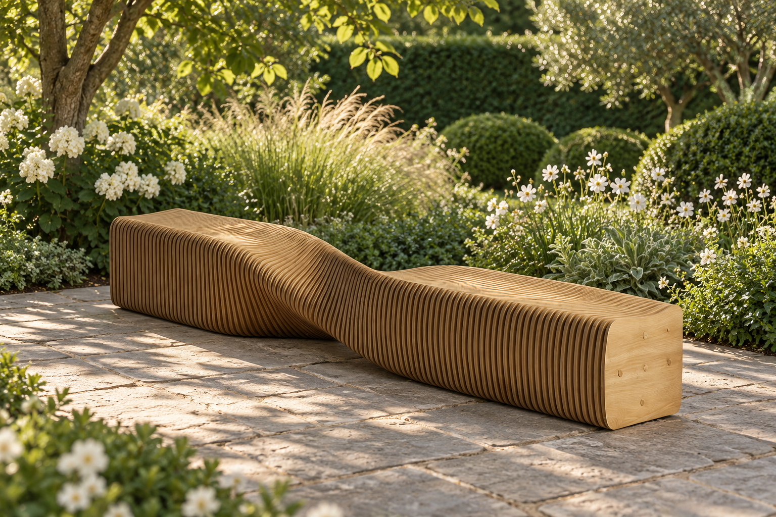 The Flow Bench — Sculptural Slatted Plywood Seating