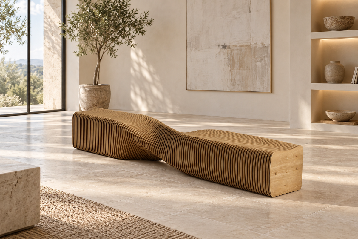 The Flow Bench — Sculptural Slatted Plywood Seating