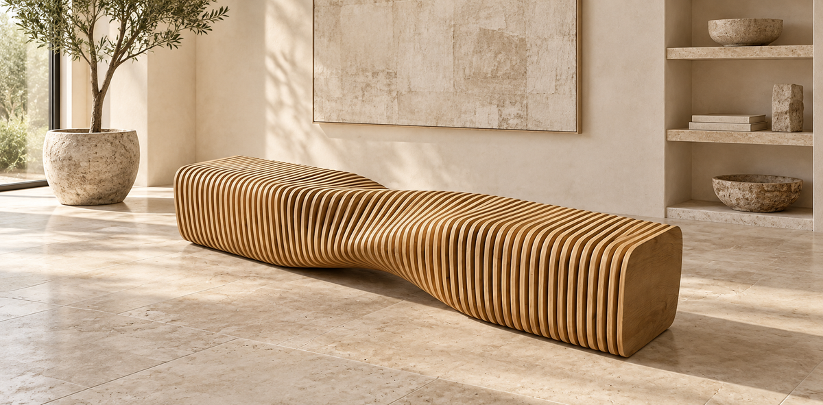 The Flow Bench — Sculptural Slatted Plywood Seating