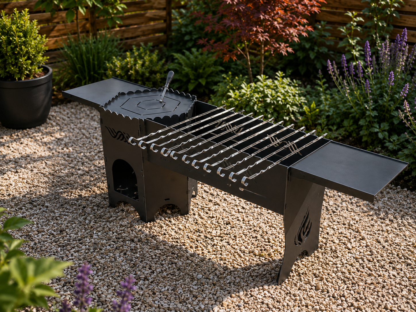 Outdoor Steel BBQ Grill & Cooking Station – Handmade Garden Barbecue with Side Shelves