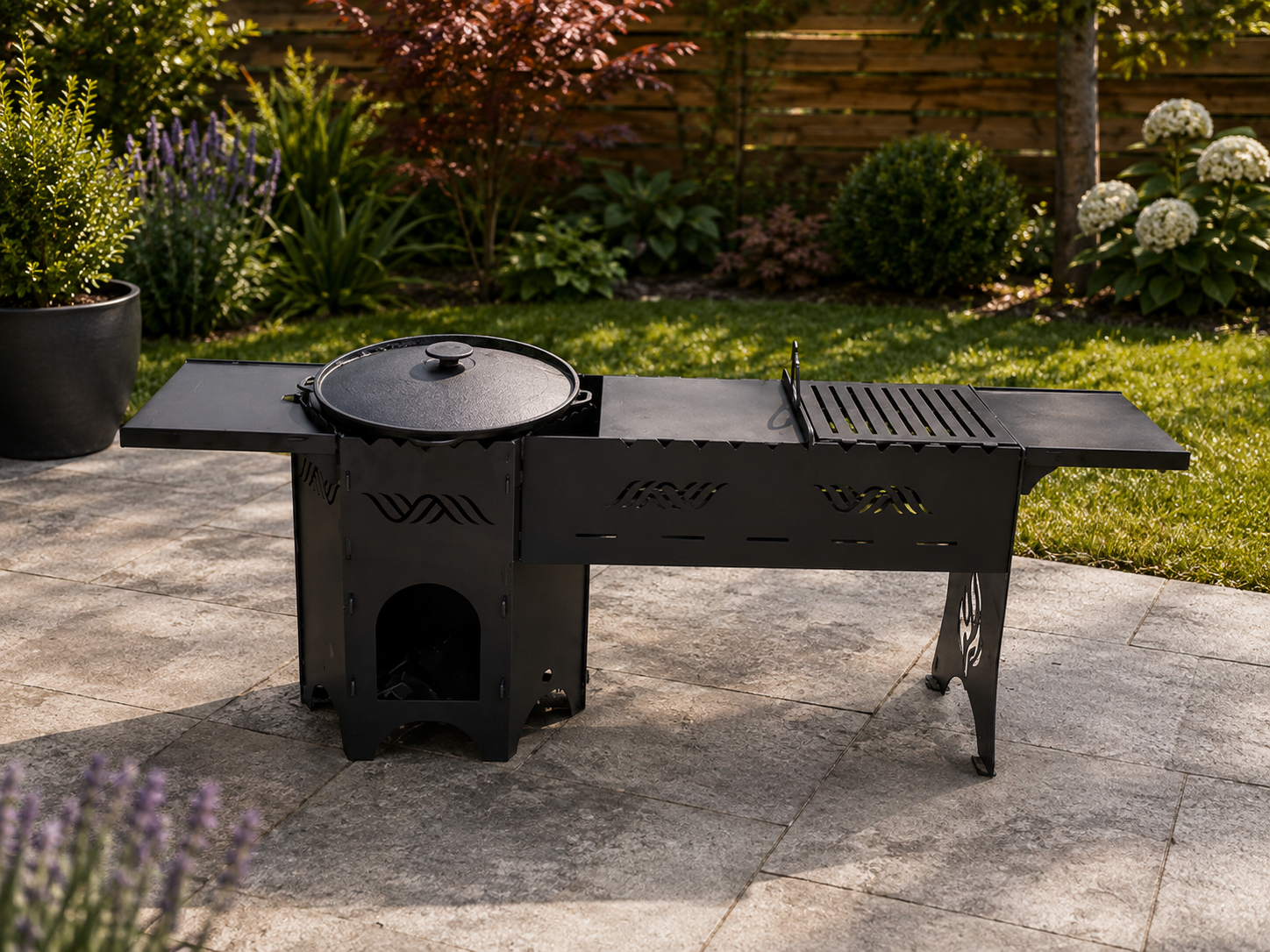 Outdoor Steel BBQ Grill & Cooking Station – Handmade Garden Barbecue with Side Shelves