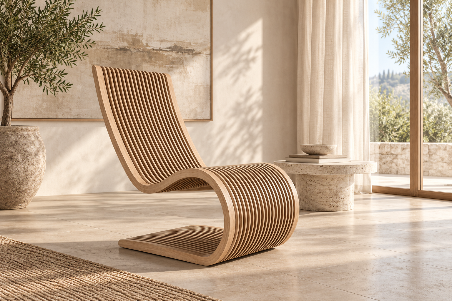 The Ribbon Lounge Chair — Sculptural Slatted Plywood Seating