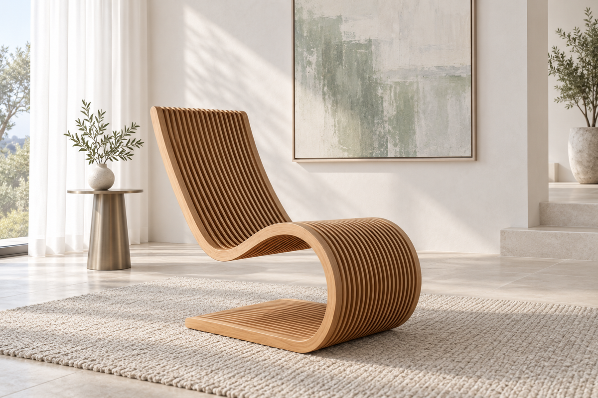 The Ribbon Lounge Chair — Sculptural Slatted Plywood Seating