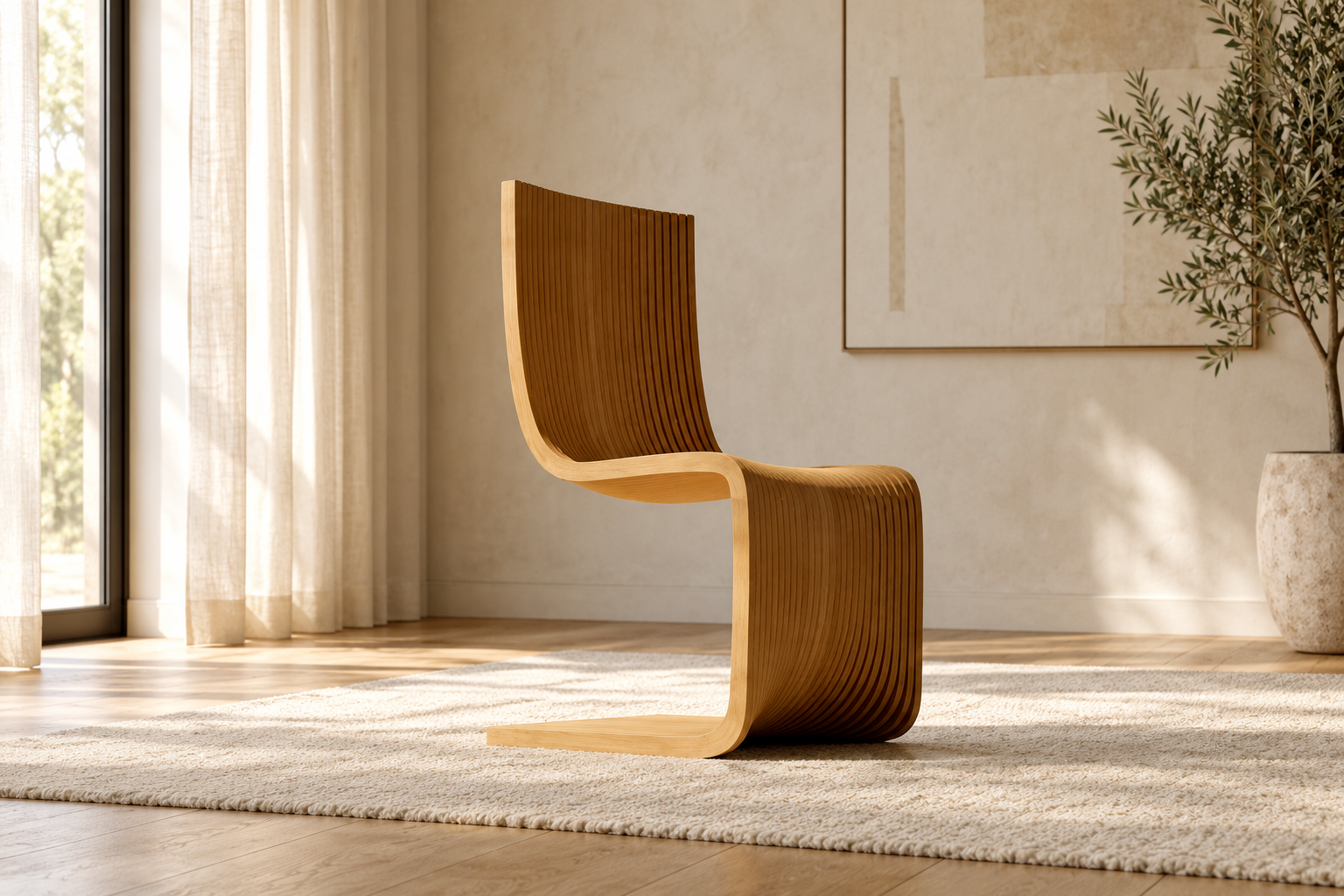 Arc Sculptural Ribbed Wood Dining Chair