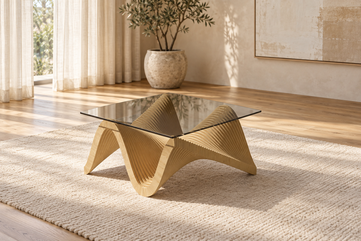Helix Sculptural Wave Wood & Smoked Glass Coffee Table