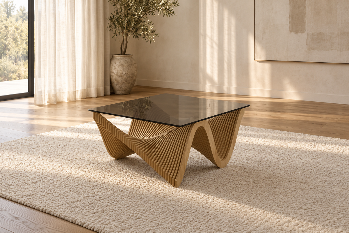 Helix Sculptural Wave Wood & Smoked Glass Coffee Table